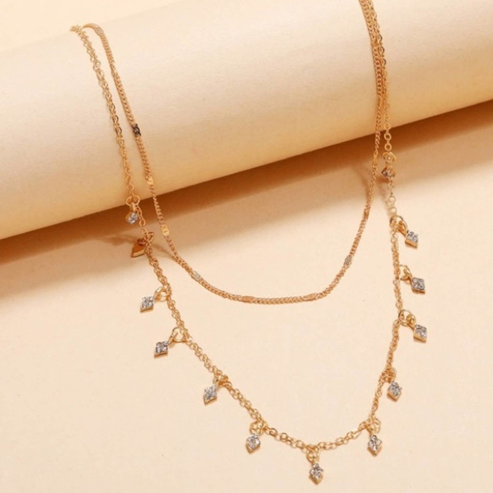 Double Layered Gold Drop Triangle Diamond Necklace - Picture 2 of 7